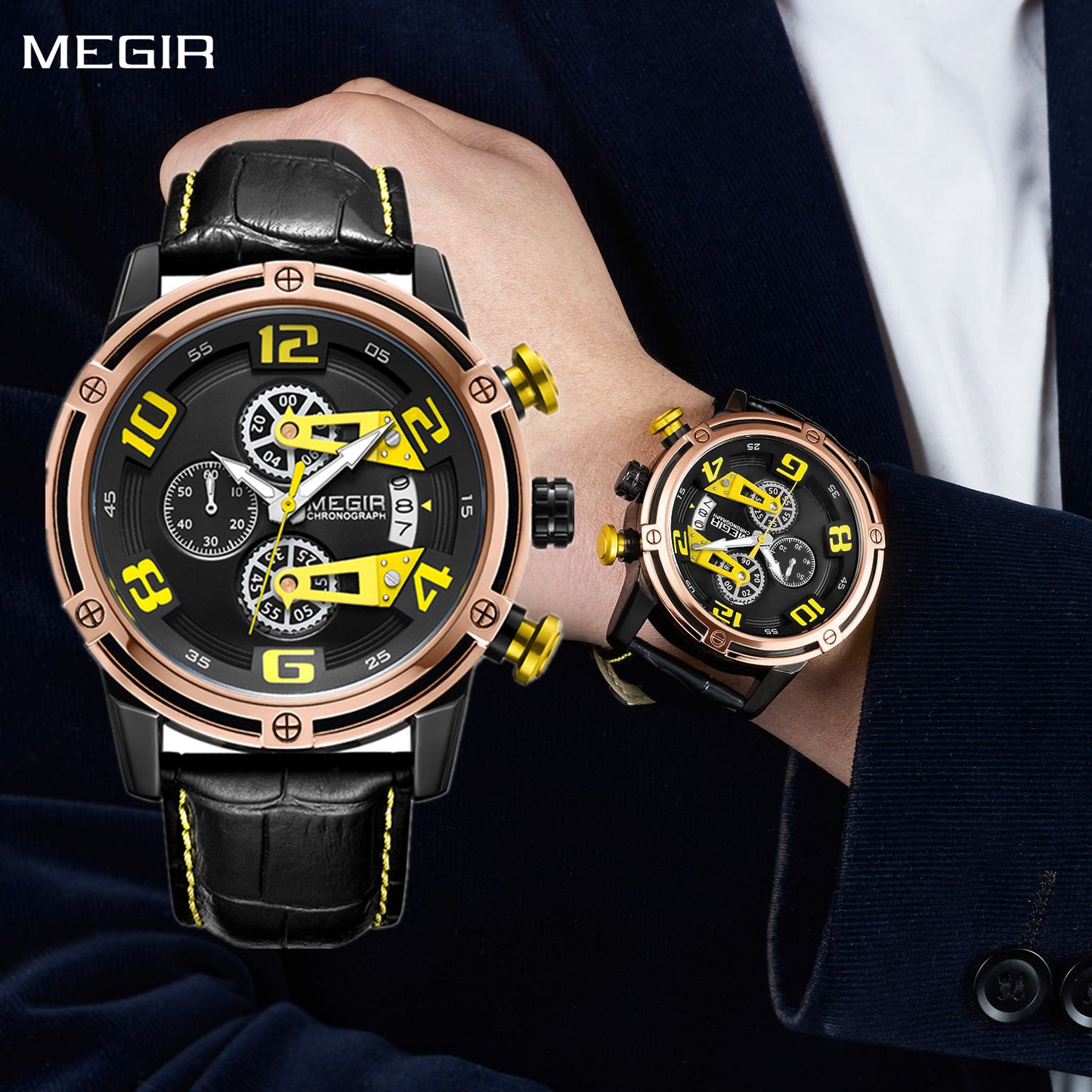 MEGIR Fashion Mens Watches Luxury Sports Watches Leather Strap Army Military Quartz Wristwatch Chronograph Male Clock 2078-0