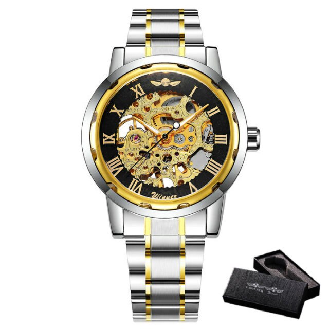 Mechanical Mens Watches Skeleton Gold Watch Men Luxury Fashion Wrist Watch Stainless Steel Strap Business-16