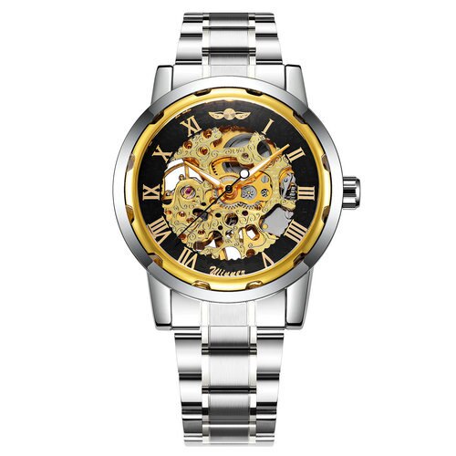 Mechanical Mens Watches Skeleton Gold Watch Men Luxury Fashion Wrist Watch Stainless Steel Strap Business-2