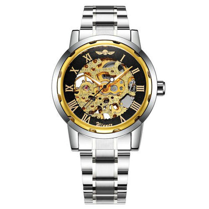 Mechanical Mens Watches Skeleton Gold Watch Men Luxury Fashion Wrist Watch Stainless Steel Strap Business-2