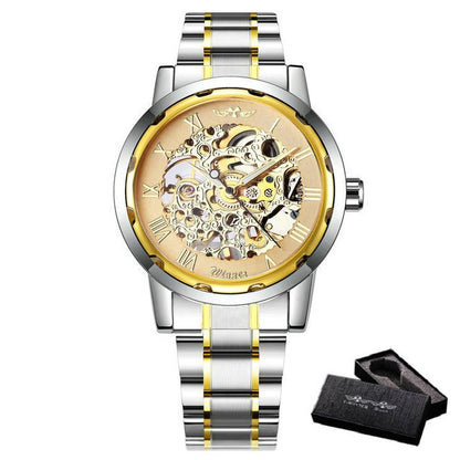 Mechanical Mens Watches Skeleton Gold Watch Men Luxury Fashion Wrist Watch Stainless Steel Strap Business-15