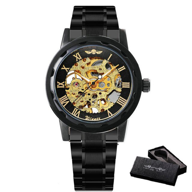 Mechanical Mens Watches Skeleton Gold Watch Men Luxury Fashion Wrist Watch Stainless Steel Strap Business-17