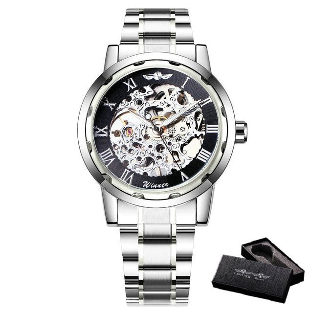 Mechanical Mens Watches Skeleton Gold Watch Men Luxury Fashion Wrist Watch Stainless Steel Strap Business-21