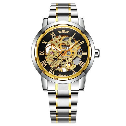 Mechanical Mens Watches Skeleton Gold Watch Men Luxury Fashion Wrist Watch Stainless Steel Strap Business-12