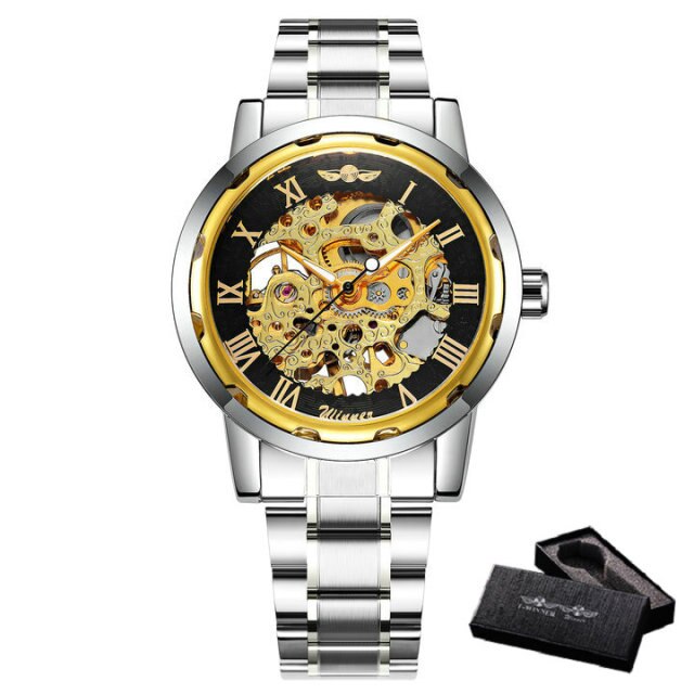 Mechanical Mens Watches Skeleton Gold Watch Men Luxury Fashion Wrist Watch Stainless Steel Strap Business-19